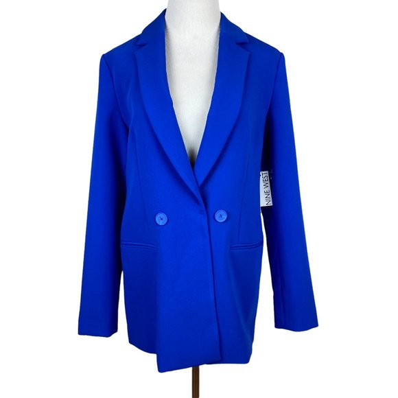 Nine West Blazer Jacket 10 City Cobalt Royal Blue V-Neck Double Breasted